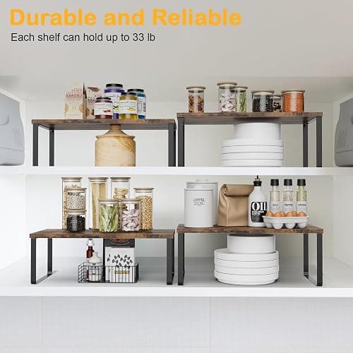 OGEMXU Cabinet Shelf Organizers, 15.7 inches Large Kitchen Counter Shelf, Set of 4 Wood Kitchen Pantry Organizer, Storage Shelves for Countertop, Spice Rack, Stackable, Expandable, Metal Black, Brown thumbnail 4