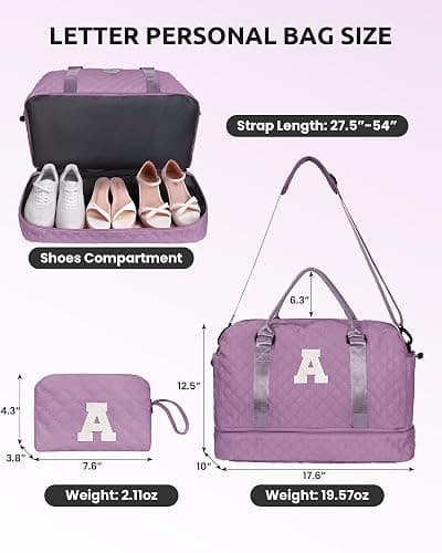 Vogewood Gift for Women-Initial Teenage Girl Duffle Bag with Shoe Compartment, Personalized Weekender Bag, Monogram Overnight Bag for Kids, Letter Travel Bag with Makeup Bag, Gift for Women (Letter A) thumbnail 3