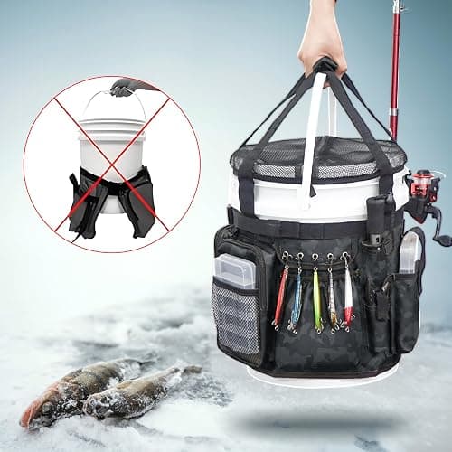WTVIDAS Fishing Bucket Organizer with Bucket Cover, Ice Fishing Tackle Bag with Rod & Plier Holder, Multi-Pockets for 5 Gallon Bucket Fishing Gear & Accessories thumbnail 6