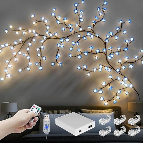 FNHMSL Cherry Enchanted Willow Vine Lights, 7.55FT 144LED Blue Cherry Blossom Tree Branch Lights for Wall, Remote Timer,8 Light Model,Bedroom Wall Doors Wedding, Christmas, USB Battery Box - Image 1