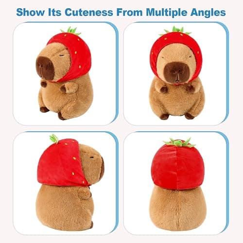 Ditucu Cute Capybara Plush Wear Strawberry Hat Soft Capibara Stuffed Animal Plushies Toys Hugging Gifts for Kids Brown 9 inch thumbnail 5