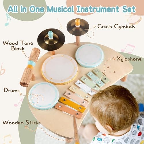Kids Drum Set Montessori Musical Instruments for Toddlers 1-3, Wooden Baby Drum Kit with Xylophone, Preschool Music Toys for Early Learning, Educational Birthday Gift for Boys Girls (Multicolored) thumbnail 4