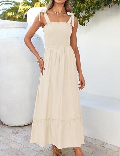 ZESICA Women's 2026 Summer Boho Spaghetti Strap Square Neck Solid Color Ruffle A Line Beach Long Maxi Dress thumbnail 2