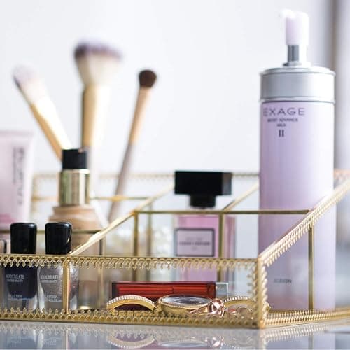Makeup Organizer Antique Countertop Cosmetic Storage Box Glass Beauty Display, Gold Spin Large Capacity Holder for Brushes Lipsticks Skincare Toner thumbnail 4