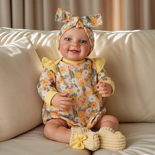 BABESIDE 3 Pcs Reborn Baby Doll Clothes for 17-22 Inch Baby Dolls | Floral Pattern Reborn Doll Clothes with Shoes and Headband for Lifelike Reborn Baby Dolls Accessories, Yellow thumbnail 5