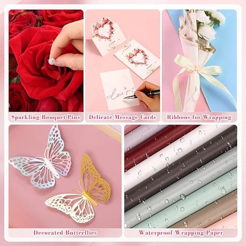 Thrilez 187PCS Flower Bouquet Wrapping Paper Kit Includes 40 Floral Paper, 24 Butterflies, 100 Bouquet Pins, 3 Ribbons and 20 Greeting Cards for Mother's Day Wedding Baby Shower Graduation thumbnail 5