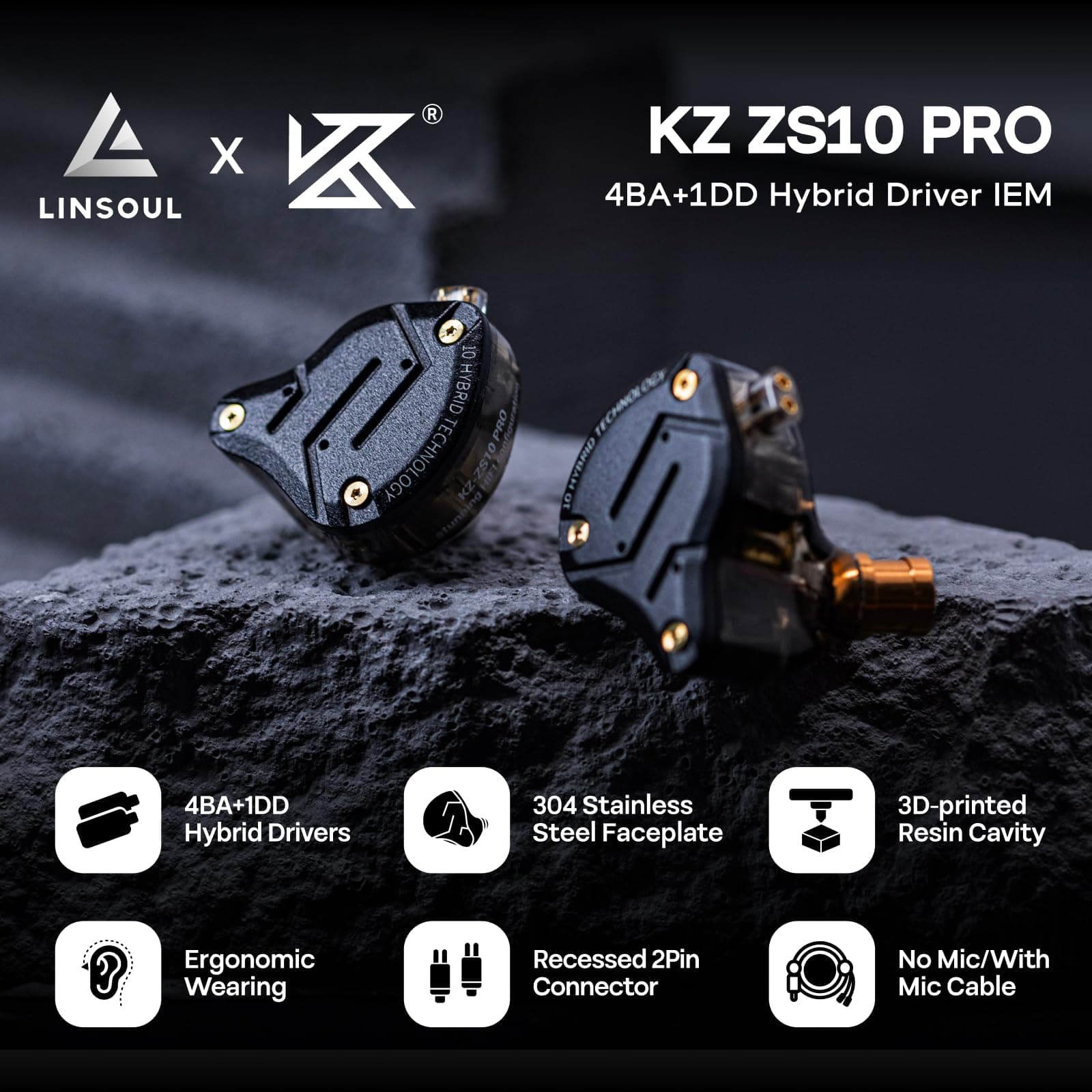 Linsoul KZ ZS10 Pro, 4BA+1DD 5 Driver in Ear Monitor, HiFi Wired Earbuds, Gaming Earbuds, Hybrid IEM Earphones with Stainless Steel Faceplate, Detachable Cable for Musician(Without Mic, Dark Black) thumbnail 2