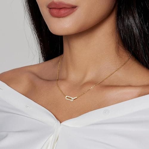 HERIER Diamond Pendant Necklace for Women, Dainty Gold Necklace 18k Gold Plated Paperclip Choker Necklaces Cute Open Oval Necklaces Simple Gold Necklace Jewelry Gifts for Women Trendy thumbnail 4