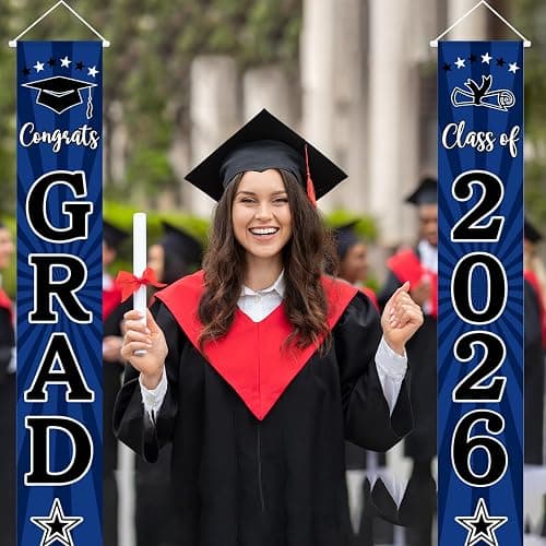 Class of 2026 Graduation Porch Banner - Congrats Grad Class of 2026 Banner, Graduation Porch Door Sign, Congrats Grad Class of 2026 Indoor Outdoor Decorations（Blue & Black） thumbnail 2