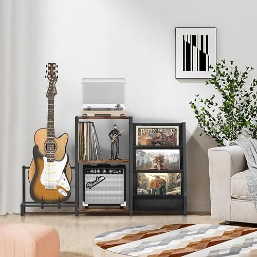 Bikoney Record Player Stand, Guitar Stand for Acoustic, Electric Guitar, Bass with Amp Stand, 3-Tier Vinyl Record Storage Up to 200 Albums, Record Player Table for Record Player, Speaker, Amplifier thumbnail 2