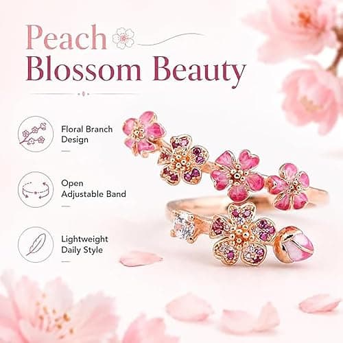 GUUZETU Pfirsichblüten-Ring, verstellbarer, rosévergoldeter rosa Kirschblüten-Blumenring, Blumenkristall- und Edelsteinschmuck, leichter, zierlicher Ring mit offenem Band, Geschenk für Hochzeit thumbnail 5