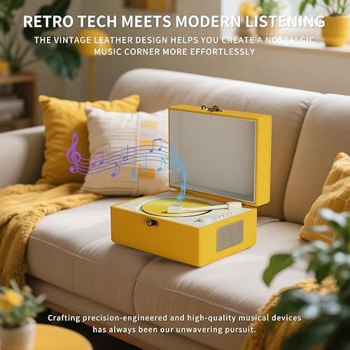 Yintiny Rechargeable Leather CD Player with Speakers; Bluetooth Transmitter; Festival Gift; BGM Player for Home Décor (Yellow) thumbnail 6