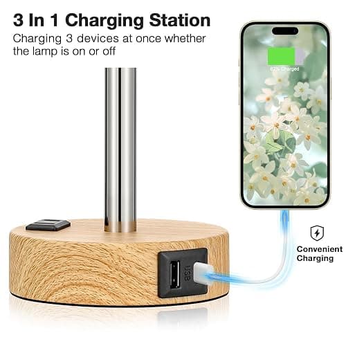 Fenmzee Floral Touch Lamp for Bedroom- 3 Way Dimmable Bedside Lamp USB C A Charging Ports and AC Outlet, Small Table Lamp Floral Linen Lampshade for Gift, LED Bulb Included thumbnail 3