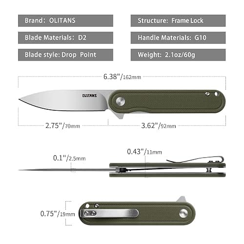 OLITANS G040 Pocket Knife, 2.75'' D2 Steel Blade G10 handle, Small EDC Knife with Pocket Clip for Men Women, 2.1oz thumbnail 3