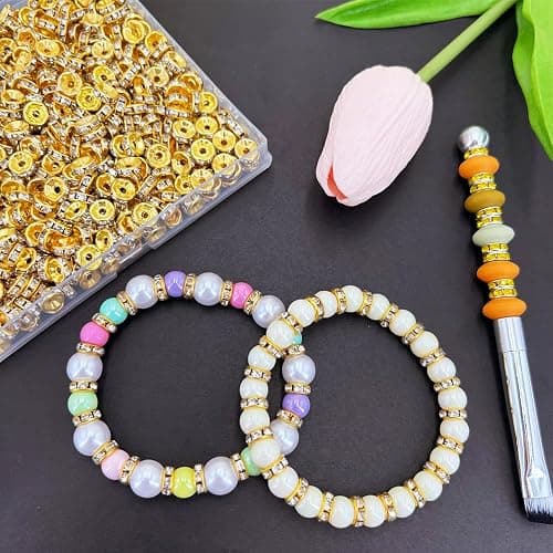 MIIIM 600pcs Gold Rondelle Spacer Beads, 8mm White Diamond Rhinestone Focal Beads for Jewelry Making, Golden Charms for Bracelets thumbnail 2