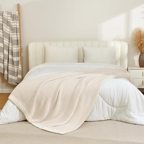 Snuggle Sac Buttery Ivory Throw Blanket for Couch, Reversible Super Soft Knitted Blankets, Warm Cozy Knit Fuzzy Plush Lightweight Throws Dupes for Sofa, Bed, Picnic, Ivory, 50 x 60 inches thumbnail 8