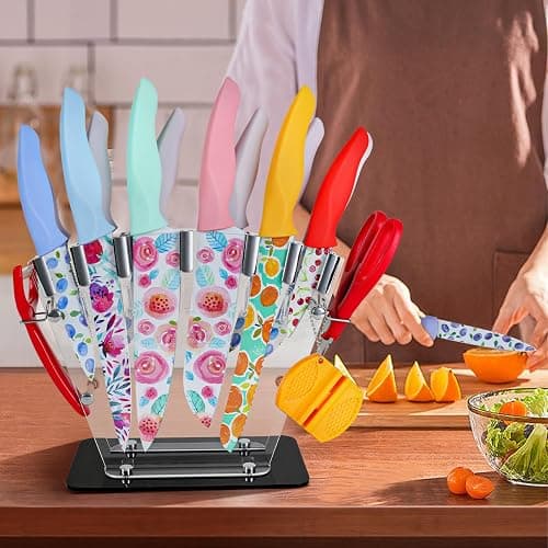 G.a HOMEFAVOR Knife Set for Kitchen, 16Pcs Stainless Steel Print Nonstick Coated Blade Kitchen Knives with Acrylic Stand, Multicolored thumbnail 2
