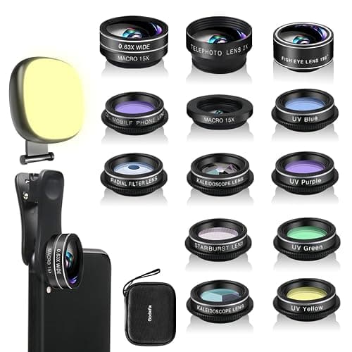 Godefa Phone Camera Lens Kit, 14 in 1 Lenses with Selfie Light for iPhone 14 13 12 11 Xs X Pro Samsung and Other Andriod Smartphone, Universal Clip on Wide Angle+Macro+ Fisheye Camera Lenses - Image 1