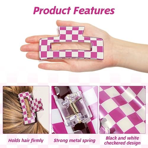 4Pcs Checkered Hair Claw Clips, Non-Slip Hair Jaw Clips for Thick, Thin, Curly, Straight, Long Hairstyle, Simple Style Purple and White Square Claw Clip, Purple Accessories for Women thumbnail 3