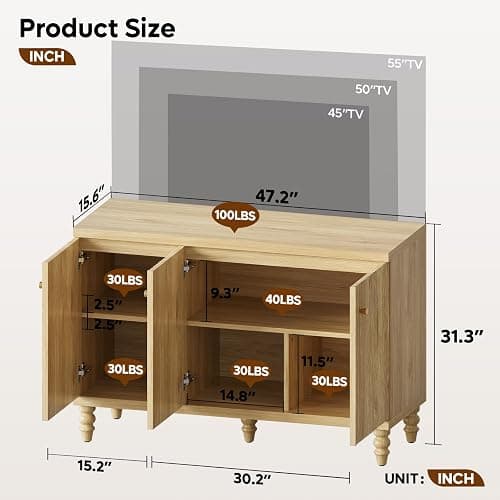 Bestier Modern Fluted TV Stand for 55 inch TVs, Wood Entertainment Center with Storage, Mid Century TV Stand with 3 Fluted Doors, Adjustable Shelves,Media Console Cabinet for Living Room, Natural Oak thumbnail 2