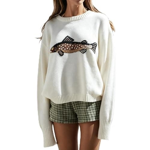 HOHOPEACH Y2k Fish Graphic Crochet Chunky Sweater Women Vintage Cottagecore Oversized Streetwear - Image 1