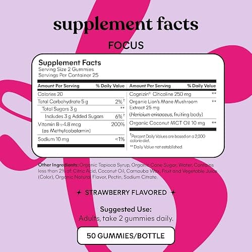 Lemme Focus Concentration & Brain Health Gummies with Cognizin Citicoline, Lion's Mane Mushroom, Vitamin B12 to Support Focus + Concentration - Gluten Free, Caffeine Free, Strawberry (50 Count) thumbnail 5