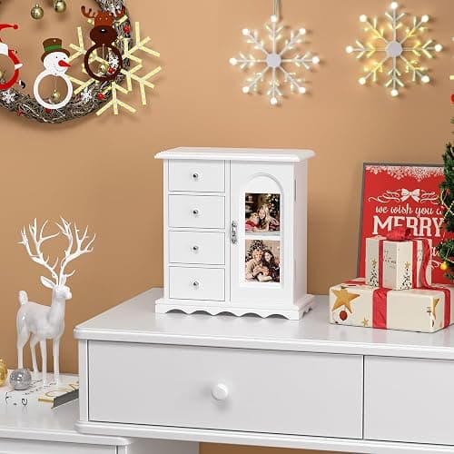 VINGLI Jewelry Box with Photo Frame, White Jewelry Organizer for Women, Arched Wooden Keepsake Case with 4 Drawers, Rotating Necklace Hooks & Velvet Lining, Vintage Gift for Girls Bedroom thumbnail 9