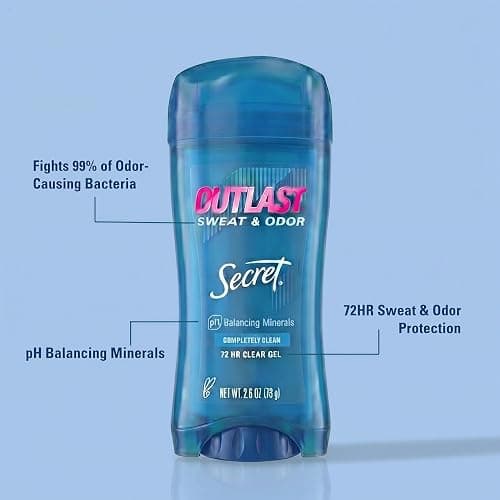 Secret Outlast Antiperspirant Deodorant for Women, 72hr Sweat & Odor Protection, PH Balancing Minerals, Pro-Hyaluronic Acid, Clear Gel, Completely Clean Scent, 2.6 oz (Pack of 2) thumbnail 2