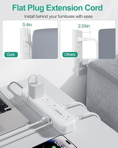 Flat Extension Cord 20 FT Multiple Outlets- Surge Protector Power Strip 8 AC Outlets 3 USB Fast Charge (3.4A 17W) 1080 Joules Long Braided Cord Wall Mountable for Home Office College Dorm 13A 1625W thumbnail 4