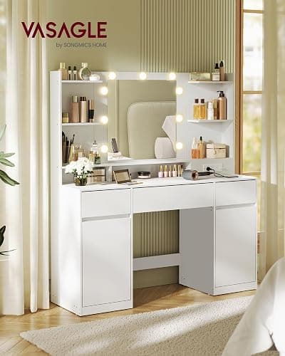 VASAGLE 43.3-Inch Vanity Desk with Mirror and Lights, 3 Drawers 2 Cabinets | Modern Vanity Table with 9 LED Bulbs, Power Outlets, for Bedroom, Cloud White, KAILYN Collection URDT142WB01S thumbnail 3