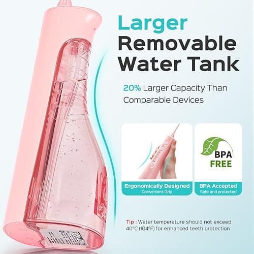 COSLUS Portable Water Flosser for Teeth: 4 Modes & 5 Intensity Levels Professional Electric Dental Pick for Sensitive Gums, Braces & Orthodontic - Cordless for Travel Use, for Adults, BPA-Free, Pink thumbnail 9