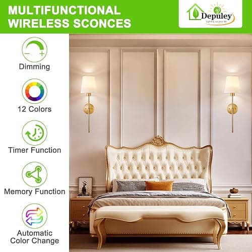 Depuley Battery Operated Wall Sconce: Set of 2 Wireless Wall Lights with Remote for Bedroom - Rechargeable 15 Colors Gold Wall Lamp for Living Room Hallway thumbnail 3