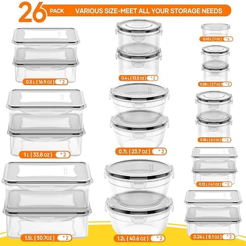 52 PCS Food Storage Containers with Lids Airtight (26 Lids & 26 Containers)- Reusable Plastic Leakproof Meal-Prep Container for Kitchen Storage Organization Microwave/Dishwasher Safe with Labels & Pen thumbnail 2