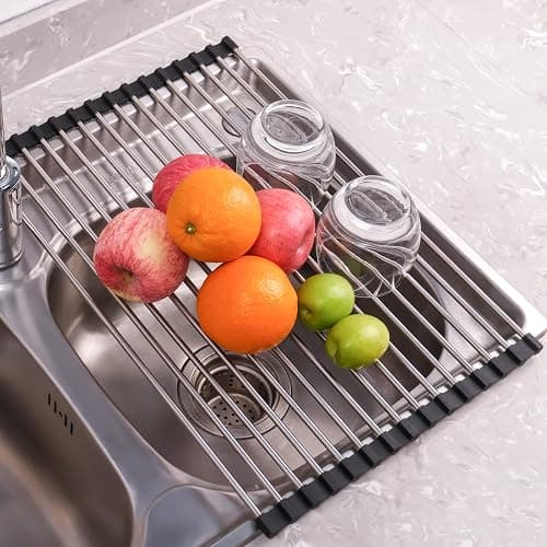Seropy Roll Up Dish Drying Rack Over The Sink Drying Rack for Kitchen Counter, Rolling Dish Rack Over Sink Mat, Foldable Dish Drainer Stainless Steel Rack Kitchen Organization Gadgets 17.5"x11.8" thumbnail 2