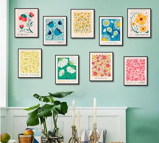 dazongweihan Flower Market Poster Set of 9, Abstract Wall Art Prints,Vintage Colorful Floral Wall Art Decor,Minimalist City & Flower Painting Pictures,Pink Prints Wall Art,8x10in, Unframed(Q) thumbnail 2