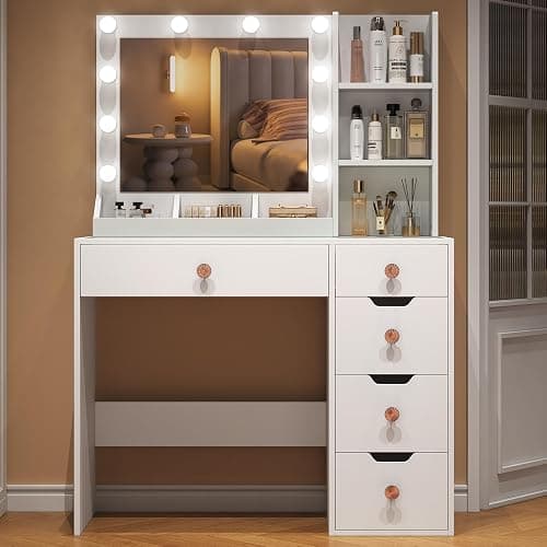 YaoYaoJia Makeup Vanity Desk with Mirror and Lights,35.4" White Vanity with Glass Top,Vanity Table with 5 Drawers,3 Lighting Modes & Brightness Adjustable Dressing Table for Bedroom thumbnail 9