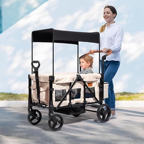 Stroller Wagon for 2 Kids with Footwell, Foldable All-Terrain Wagon Stroller with Adjustable Push/Pull Handle, Parent Organizer, 5-Point Harness, Ideal for Travel & Outdoor Adventures (Clasic Oat) thumbnail 2