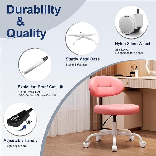 Misolant Vanity Chair with Back, Small Armless Cute Office Chair with Wheels and Lumbar Support, Comfy PU Leather Desk Computer Chairs with Adjustable Height, 360°Swivel for Home Bedroom Office, Pink thumbnail 7