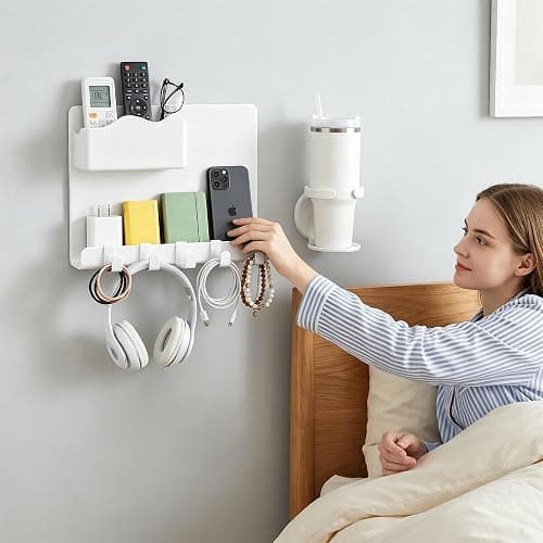 Bedside Wall Shelf for Teen Girls Dorm Room Essentials Bunk Bed Stuff | No Drill Floating Shelves with Cup Holder, Aesthetic Cute Girls Room Decor Aesthetic Stick Bedroom Accessories Organizer thumbnail 7