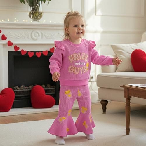 Socutebabe Toddler Baby Girl Valentines Day Outfit Fries Before Guys Sweatshirt Long Sleeve Pullover Flare Pants Cute Clothes thumbnail 4