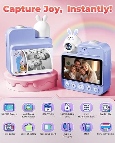Kids Camera Instant Print Toys, Christmas Birthday Gifts for Girls Boys, 3.0” Autofocus Kids Digital Camera Toddler Camera for 3 4 5 6 7 8 9 10 11 12 Year Old Girl Boy with 32GB TF Card (Purple) thumbnail 2
