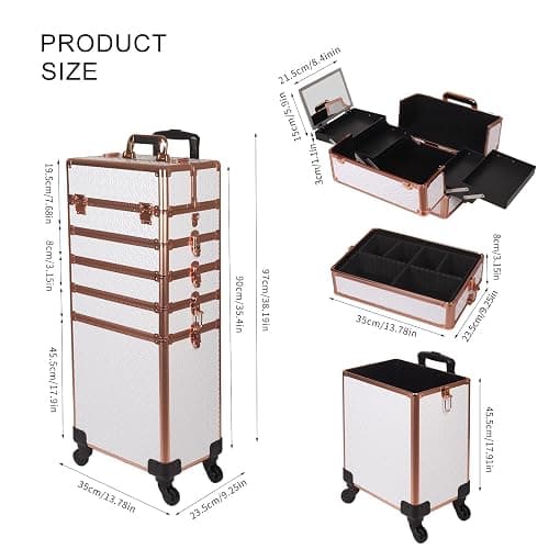 Yujesyde Rolling Makeup Train Case, 6 in 1, White | With Mirror & Lock, Professional Makeup Travel Case, Large Cosmetic Organizer for Cosmetologists & Nails thumbnail 4