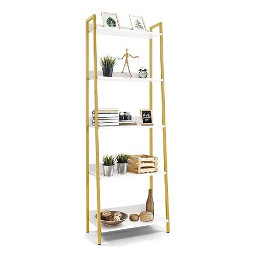 CAPHAUS 5 Tier Ladder Bookshelf, 24 Inch Width Free Standing Shelf, Bookcase Shelf Storage Rack Organizer, Industrial Book Shelves for Home Office, Living Room, Kitchen, White Shelves & Gold Frame - Image 1