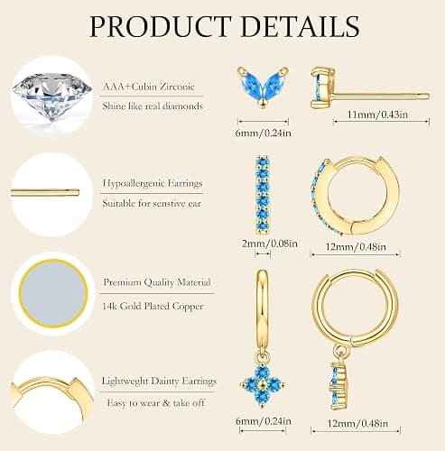 MOZAKA 3 Pairs Dainty Gold/Silver Three Hole Birthstone Earrings Set for Multiple Piercing Non Tarnish 14k Gold Plated Hypoallergenic Cartilage Small Hoop Stud Earrings Stacks Set for Women Birthday Gifts thumbnail 4