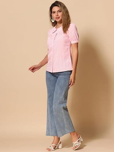 Allegra K Women's Summer Gingham Top Short Sleeve Button Down Peter Pan Collar Plaid Shirt thumbnail 3