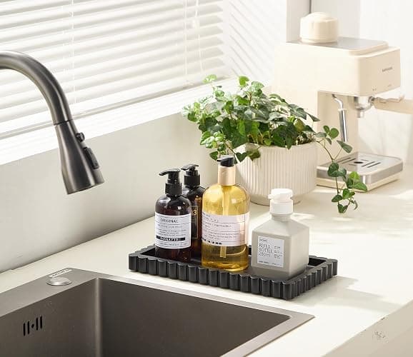 Scalloped Bathroom Vanity Tray for Countertop- Concrete Modern Industrial Minimalist Counter Vanity Organizer Tray for Dresser- Small Decorative Tray-11.8"L x 6.37"W x 1"H- Charcoal Black- Water-proof thumbnail 4