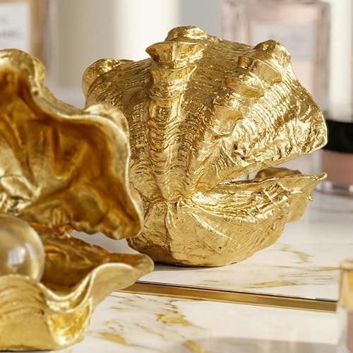 Zhao Xiang Pearl Oyster Statues Home Decor Accent Gold Decorations | Coastal Resin Gold Decor Figurine, Seashell Decor for Gold Desk Accessories, Bathroom Decorations, Dressing Table Shelf Decor thumbnail 5