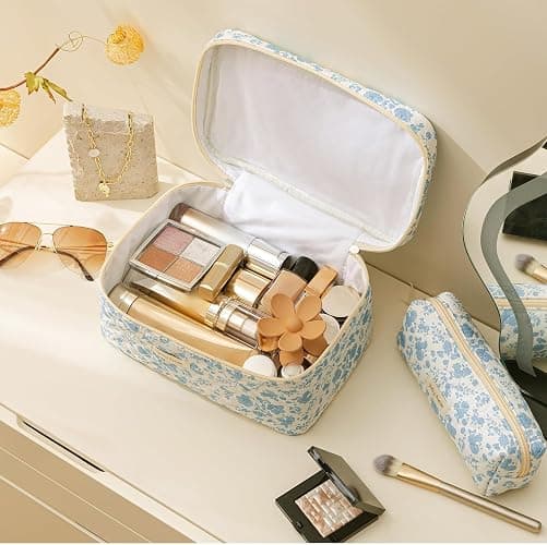 HBselect 3 PCS Quilted Makeup Bag, Cotton Large Travel Makeup Bag, Cute Floral Coquette Make up Bag Cosmetic Bag Toiletry Bag for Women Girls thumbnail 2