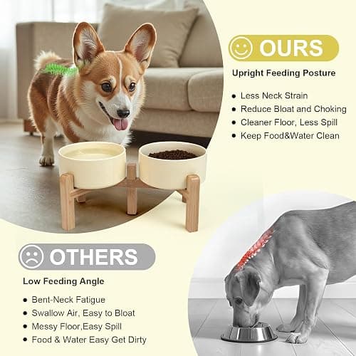 SPUNKYJUNKY Elevated Dog Bowls Ceramic, 6.1'' Dogs and Cat Food Water Bowls Raised with Non-Slip Bamboo Stand for Medium Sized Breed Microwave Dishwasher Safe - 28.7 OZ,Beige thumbnail 3