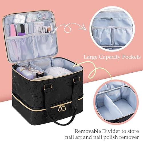 Uross Nail Polish Organizer Bag Holds 42 Bottles Nail Polish & Nail Lamp, Gel Nail Polish Organizers and Storage box for Nail Tech, Nail Kit Supplies Organizer Case - Black thumbnail 5